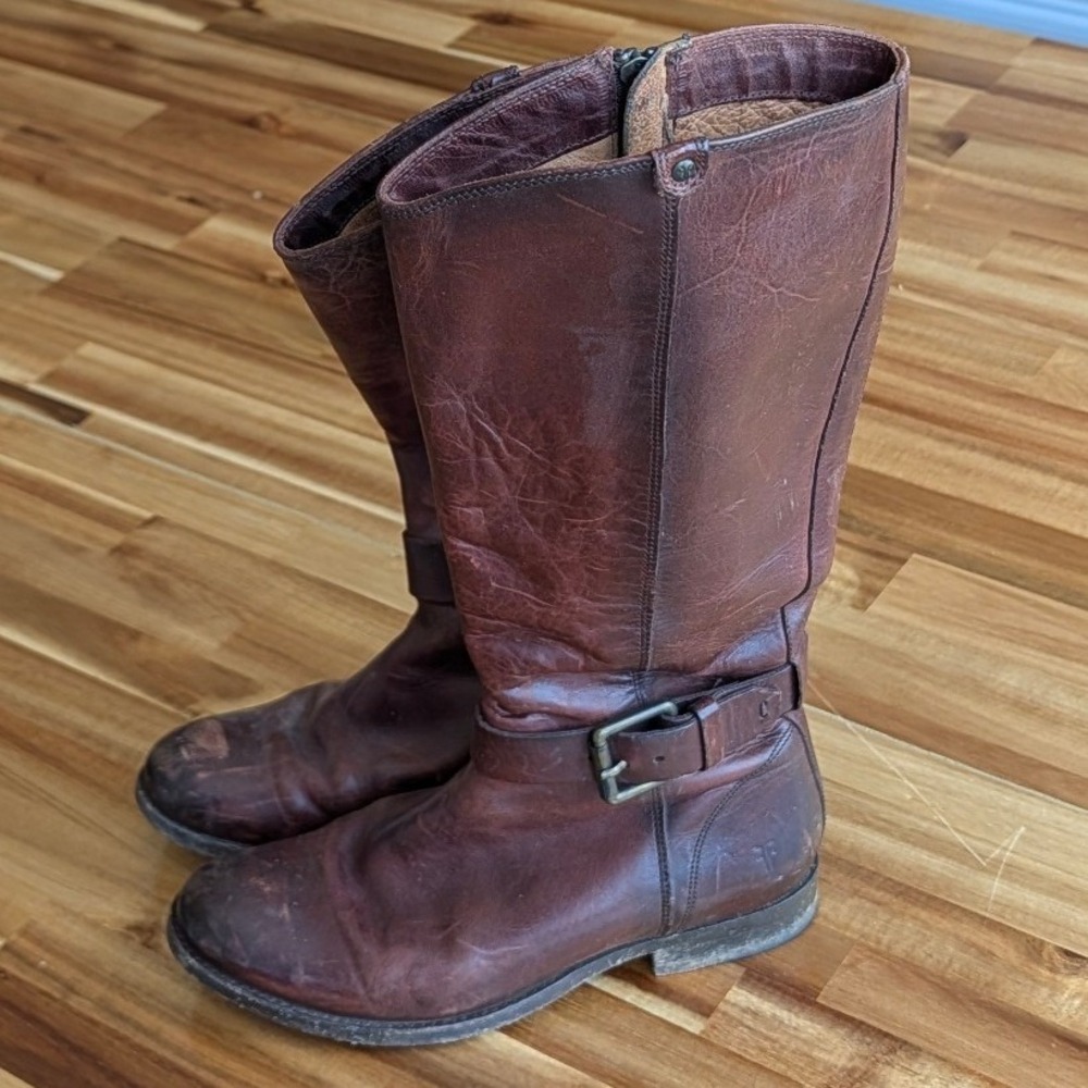 Frye Tall Leather Boots Brown Moto Equestrian Buckle Zip Size 5.5
